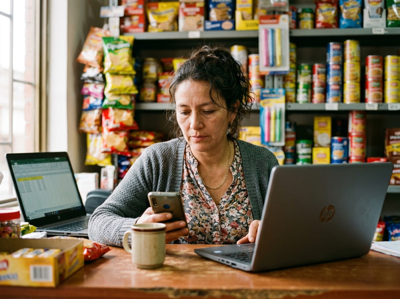 Dueña de negocio respondiendo mensajes en el computador